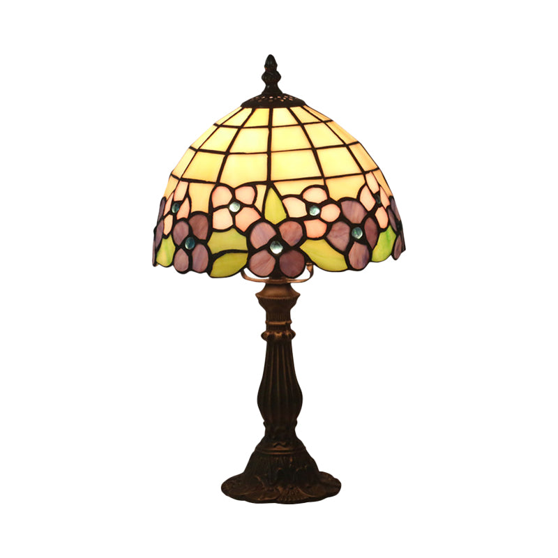 Tiffany Bowl Night Lighting 1 Head Hand Cut Glass Flower Patterned Table Light in Red/Yellow/Purple for Bedside Clearhalo 'Lamps' 'Table Lamps' Lighting' 889868