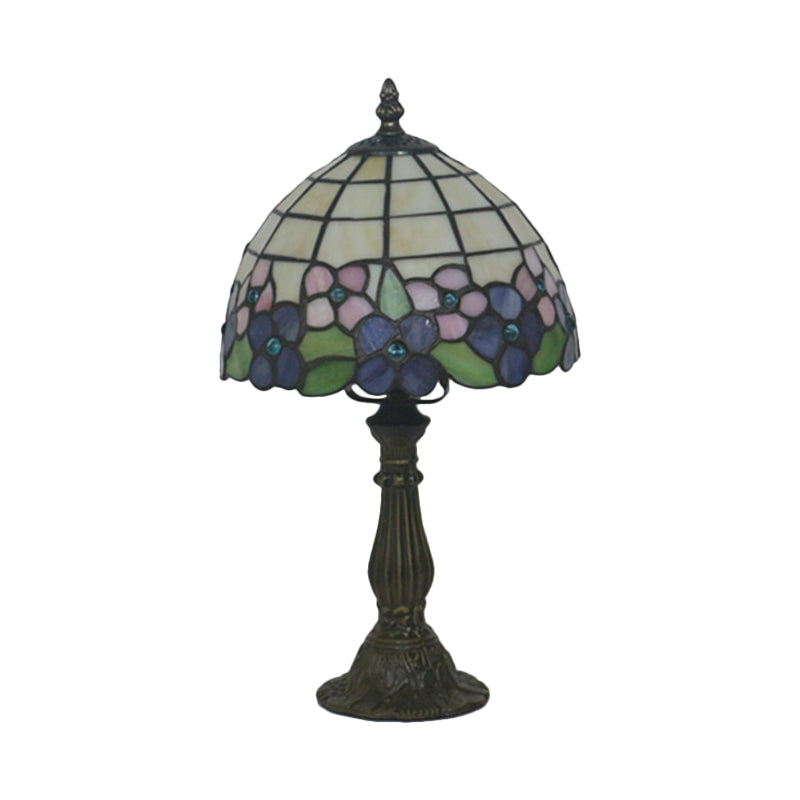 Tiffany Bowl Night Lighting 1 Head Hand Cut Glass Flower Patterned Table Light in Red/Yellow/Purple for Bedside Clearhalo 'Lamps' 'Table Lamps' Lighting' 889869