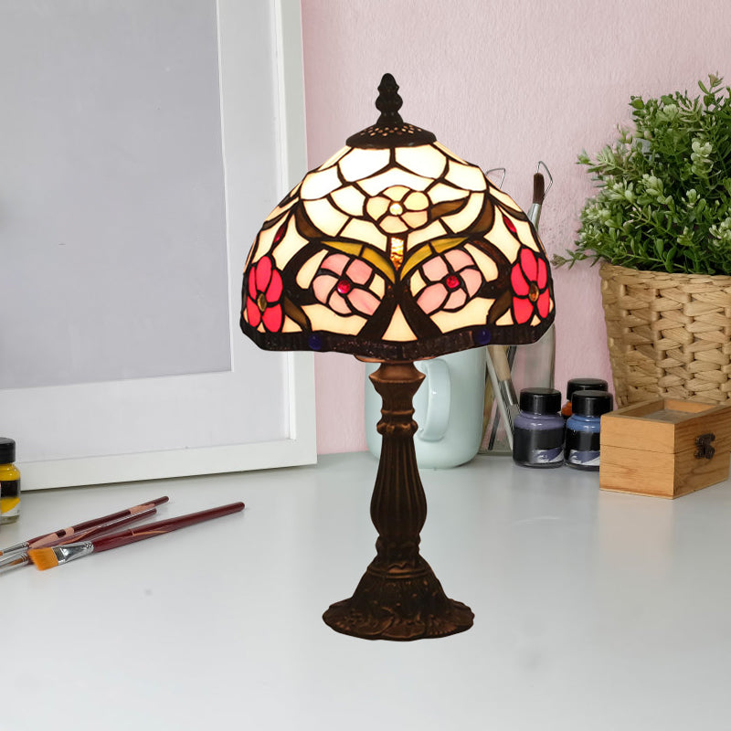Tiffany Bowl Night Lighting 1 Head Hand Cut Glass Flower Patterned Table Light in Red/Yellow/Purple for Bedside Clearhalo 'Lamps' 'Table Lamps' Lighting' 889871