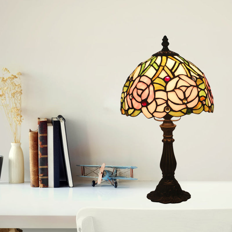 Victorian Dome Shade Night Lamp 1-Light Stained Art Glass Rose Patterned Desk Lighting in Red/Pink/Blue for Bedroom Pink Clearhalo 'Lamps' 'Table Lamps' Lighting' 889878