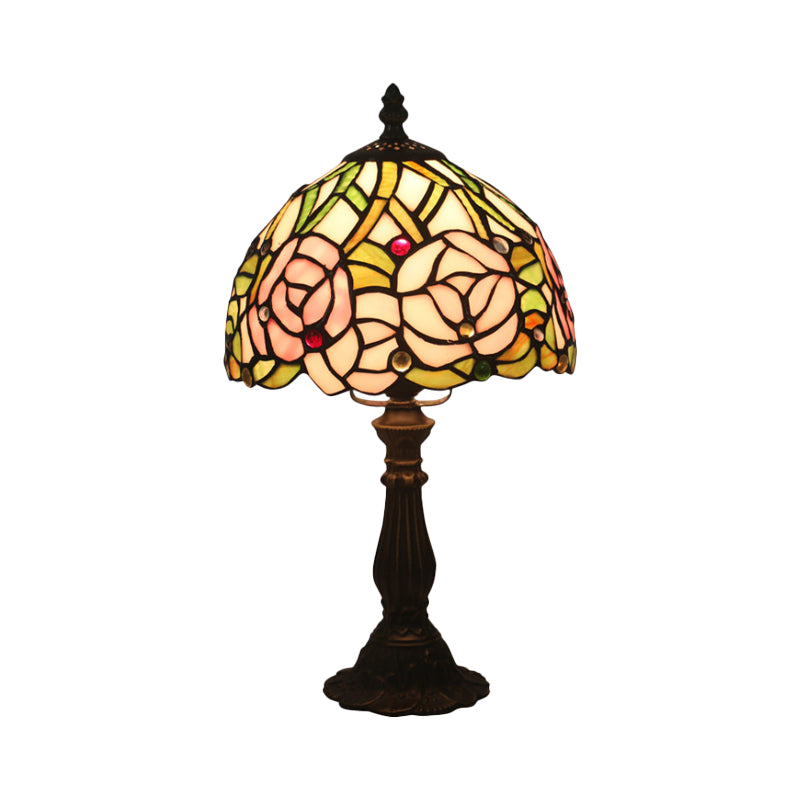 Victorian Dome Shade Night Lamp 1-Light Stained Art Glass Rose Patterned Desk Lighting in Red/Pink/Blue for Bedroom Clearhalo 'Lamps' 'Table Lamps' Lighting' 889879
