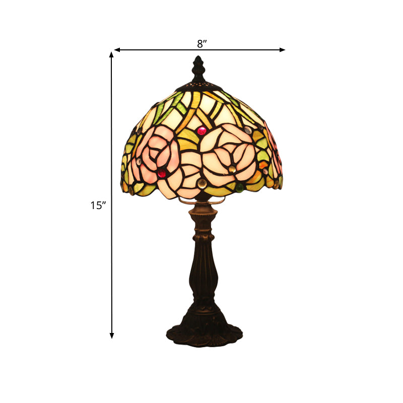 Victorian Dome Shade Night Lamp 1-Light Stained Art Glass Rose Patterned Desk Lighting in Red/Pink/Blue for Bedroom Clearhalo 'Lamps' 'Table Lamps' Lighting' 889881