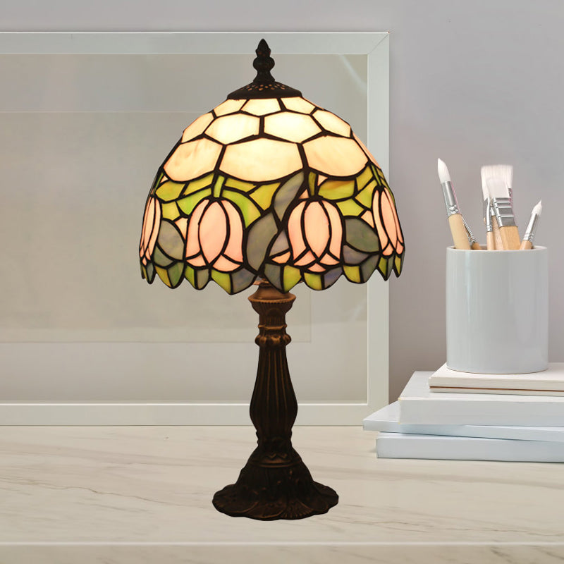 Victorian Dome Shade Night Lamp 1-Light Stained Art Glass Rose Patterned Desk Lighting in Red/Pink/Blue for Bedroom Blue Clearhalo 'Lamps' 'Table Lamps' Lighting' 889882