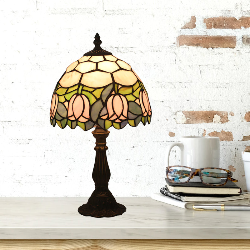 Victorian Dome Shade Night Lamp 1-Light Stained Art Glass Rose Patterned Desk Lighting in Red/Pink/Blue for Bedroom Clearhalo 'Lamps' 'Table Lamps' Lighting' 889883
