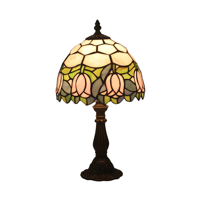 Victorian Dome Shade Night Lamp 1-Light Stained Art Glass Rose Patterned Desk Lighting in Red/Pink/Blue for Bedroom Clearhalo 'Lamps' 'Table Lamps' Lighting' 889884