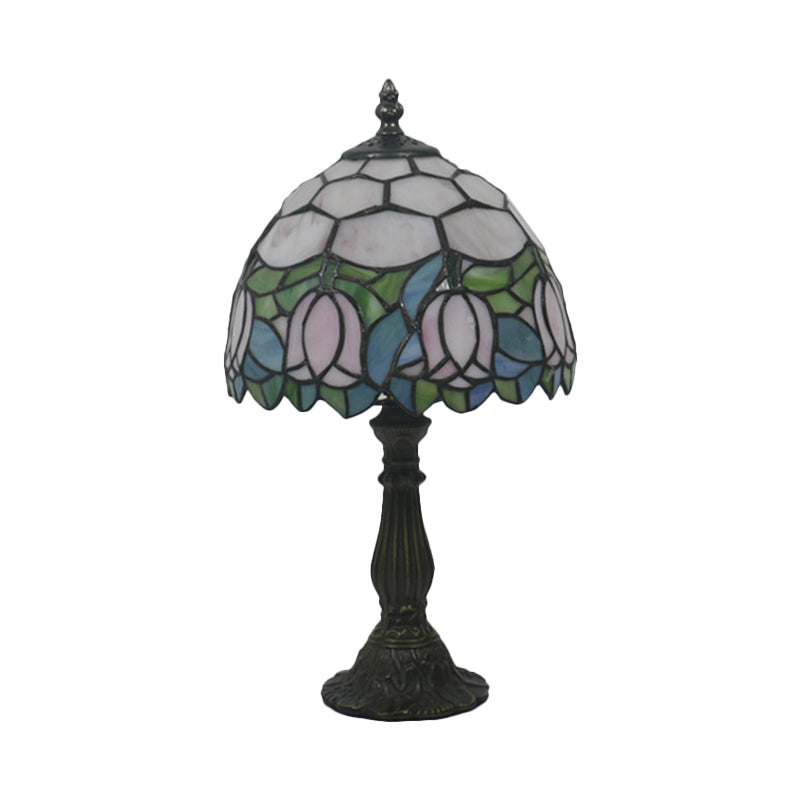 Victorian Dome Shade Night Lamp 1-Light Stained Art Glass Rose Patterned Desk Lighting in Red/Pink/Blue for Bedroom Clearhalo 'Lamps' 'Table Lamps' Lighting' 889885