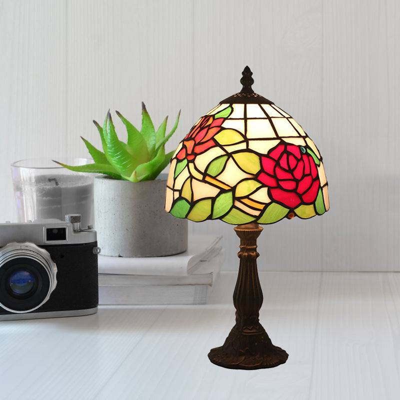 Victorian Dome Shade Night Lamp 1-Light Stained Art Glass Rose Patterned Desk Lighting in Red/Pink/Blue for Bedroom Clearhalo 'Lamps' 'Table Lamps' Lighting' 889887