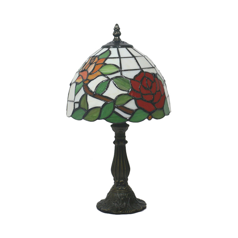 Victorian Dome Shade Night Lamp 1-Light Stained Art Glass Rose Patterned Desk Lighting in Red/Pink/Blue for Bedroom Clearhalo 'Lamps' 'Table Lamps' Lighting' 889889