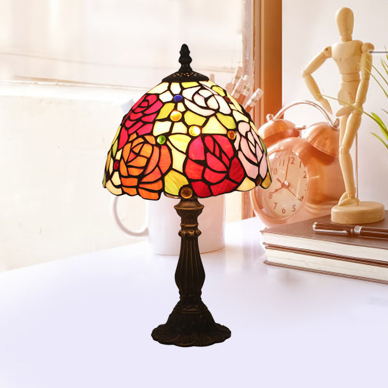 Bronze 1 Head Night Table Light Tiffany Style Cut Glass Yellow/Orange/Purple Rose Patterned Desk Lighting with Dome Shade Purple Clearhalo 'Lamps' 'Table Lamps' Lighting' 889890
