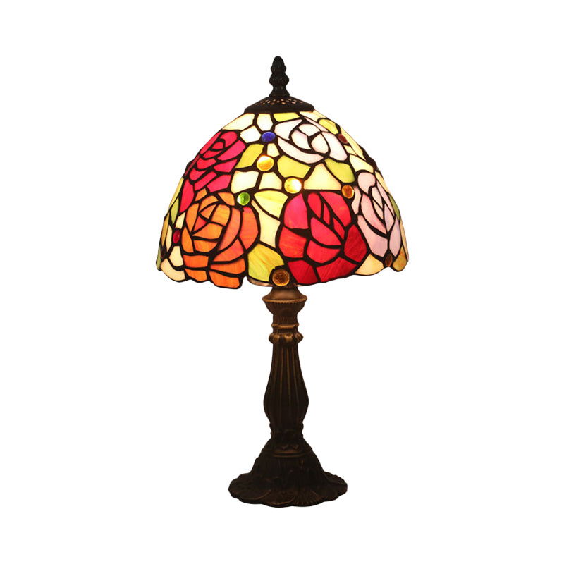 Bronze 1 Head Night Table Light Tiffany Style Cut Glass Yellow/Orange/Purple Rose Patterned Desk Lighting with Dome Shade Clearhalo 'Lamps' 'Table Lamps' Lighting' 889891
