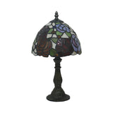 Bronze 1 Head Night Table Light Tiffany Style Cut Glass Yellow/Orange/Purple Rose Patterned Desk Lighting with Dome Shade Clearhalo 'Lamps' 'Table Lamps' Lighting' 889892