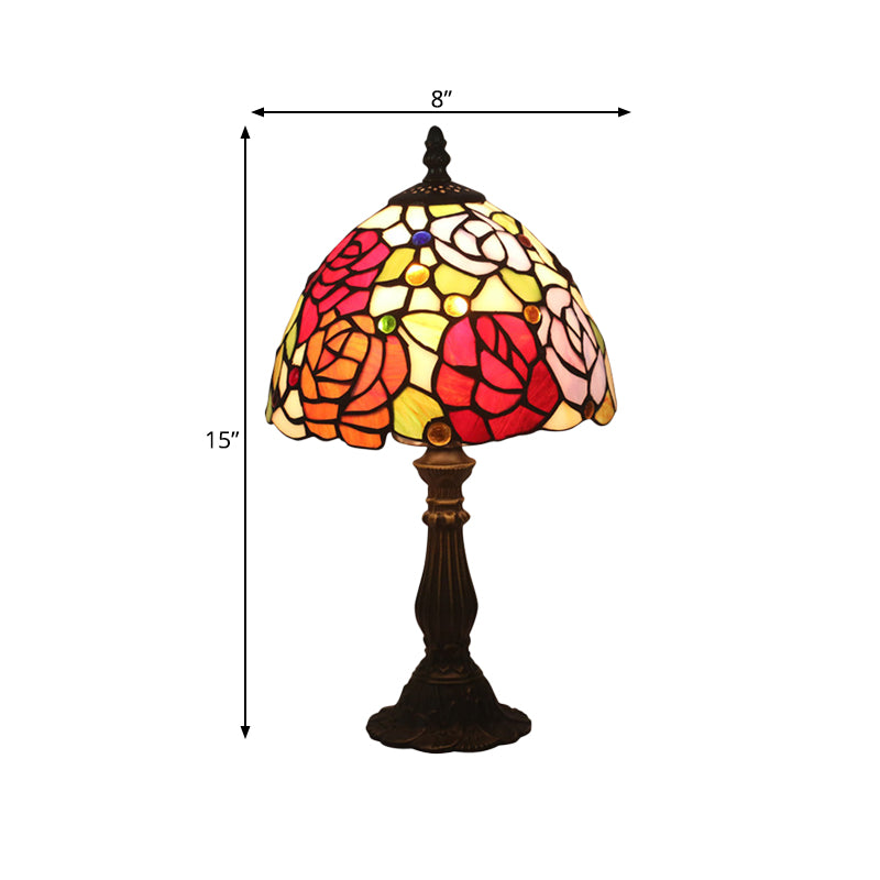 Bronze 1 Head Night Table Light Tiffany Style Cut Glass Yellow/Orange/Purple Rose Patterned Desk Lighting with Dome Shade Clearhalo 'Lamps' 'Table Lamps' Lighting' 889893