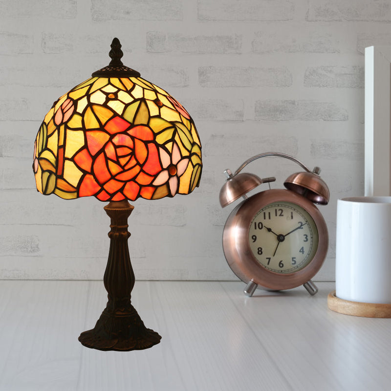 Bronze 1 Head Night Table Light Tiffany Style Cut Glass Yellow/Orange/Purple Rose Patterned Desk Lighting with Dome Shade Clearhalo 'Lamps' 'Table Lamps' Lighting' 889895