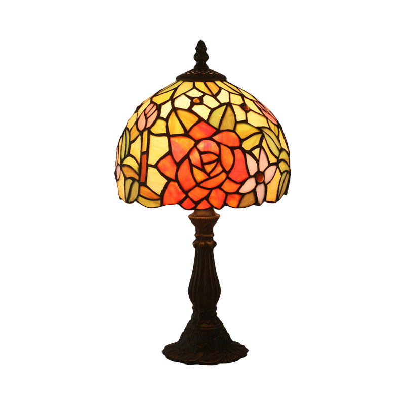 Bronze 1 Head Night Table Light Tiffany Style Cut Glass Yellow/Orange/Purple Rose Patterned Desk Lighting with Dome Shade Clearhalo 'Lamps' 'Table Lamps' Lighting' 889896