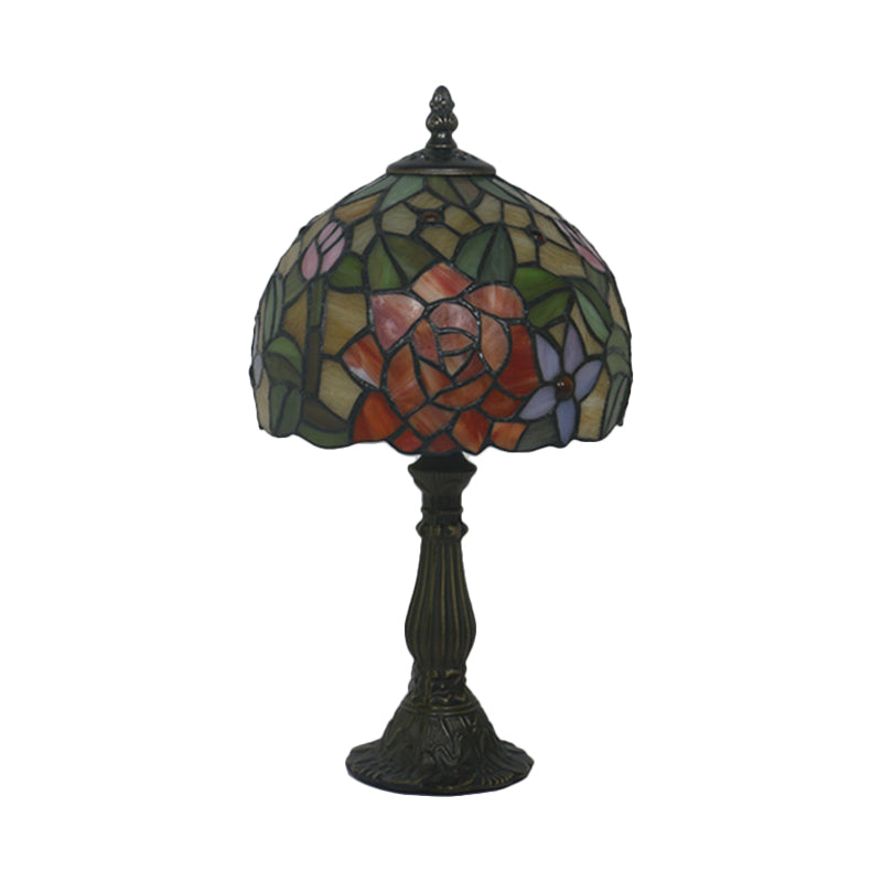 Bronze 1 Head Night Table Light Tiffany Style Cut Glass Yellow/Orange/Purple Rose Patterned Desk Lighting with Dome Shade Clearhalo 'Lamps' 'Table Lamps' Lighting' 889897
