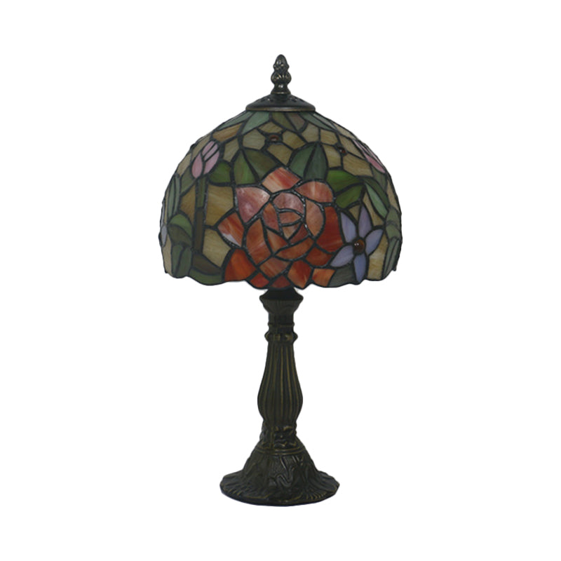 Bronze 1 Head Night Table Light Tiffany Style Cut Glass Yellow/Orange/Purple Rose Patterned Desk Lighting with Dome Shade Clearhalo 'Lamps' 'Table Lamps' Lighting' 889897