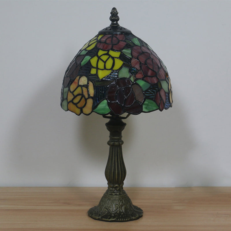 Bronze 1 Head Night Table Light Tiffany Style Cut Glass Yellow/Orange/Purple Rose Patterned Desk Lighting with Dome Shade Clearhalo 'Lamps' 'Table Lamps' Lighting' 889899