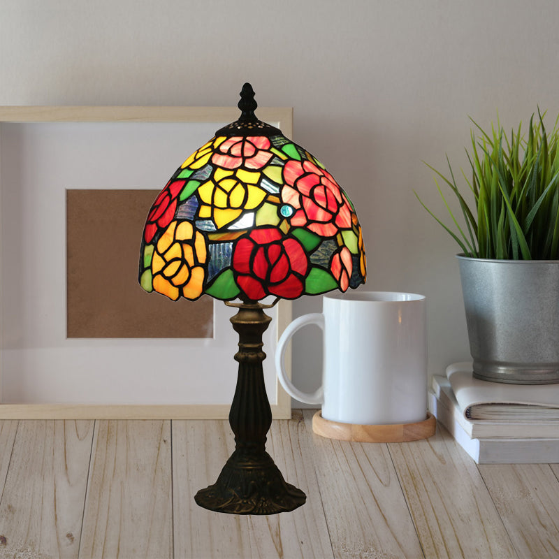 Bronze 1 Head Night Table Light Tiffany Style Cut Glass Yellow/Orange/Purple Rose Patterned Desk Lighting with Dome Shade Clearhalo 'Lamps' 'Table Lamps' Lighting' 889900