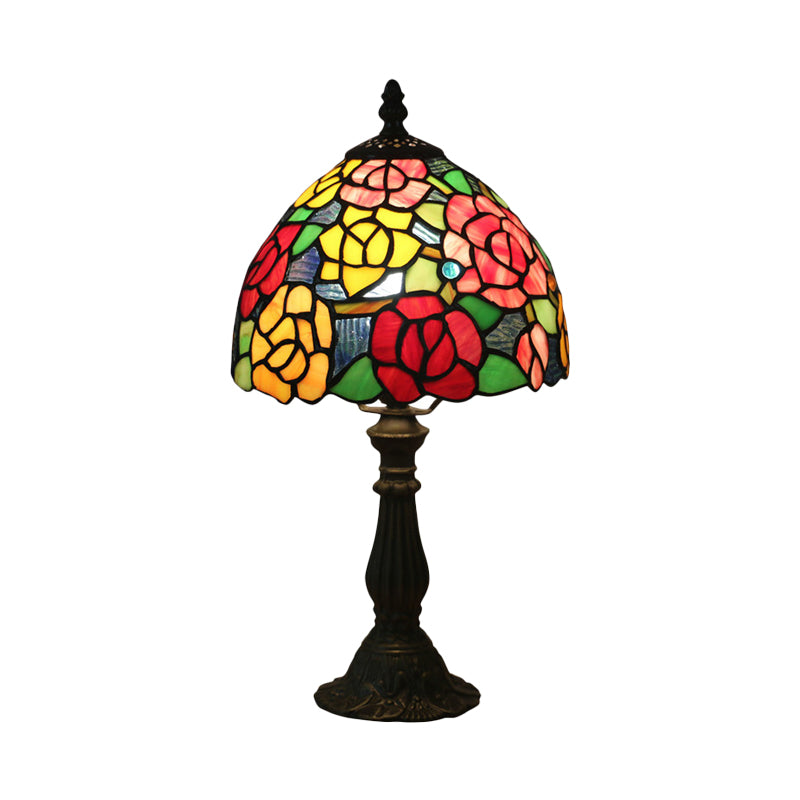 Bronze 1 Head Night Table Light Tiffany Style Cut Glass Yellow/Orange/Purple Rose Patterned Desk Lighting with Dome Shade Clearhalo 'Lamps' 'Table Lamps' Lighting' 889901