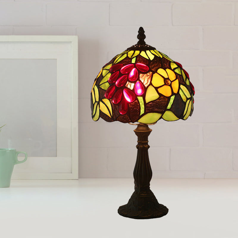 Dome Shape Cut Glass Night Light Tiffany 1 Head Yellow/Green Grape Patterned Nightstand Lamp for Bedroom Yellow Clearhalo 'Lamps' 'Table Lamps' Lighting' 889914