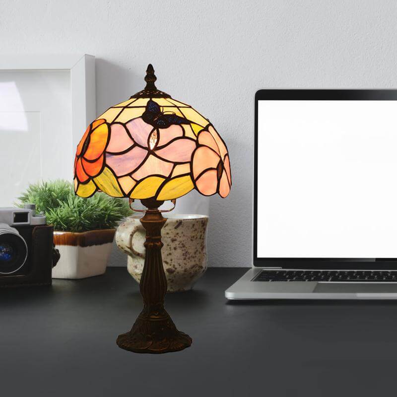 1 Bulb Bedroom Nightstand Light Mediterranean Bronze Petal Patterned Desk Lamp with Domed Hand Cut Glass Shade Clearhalo 'Lamps' 'Table Lamps' Lighting' 889922-sw