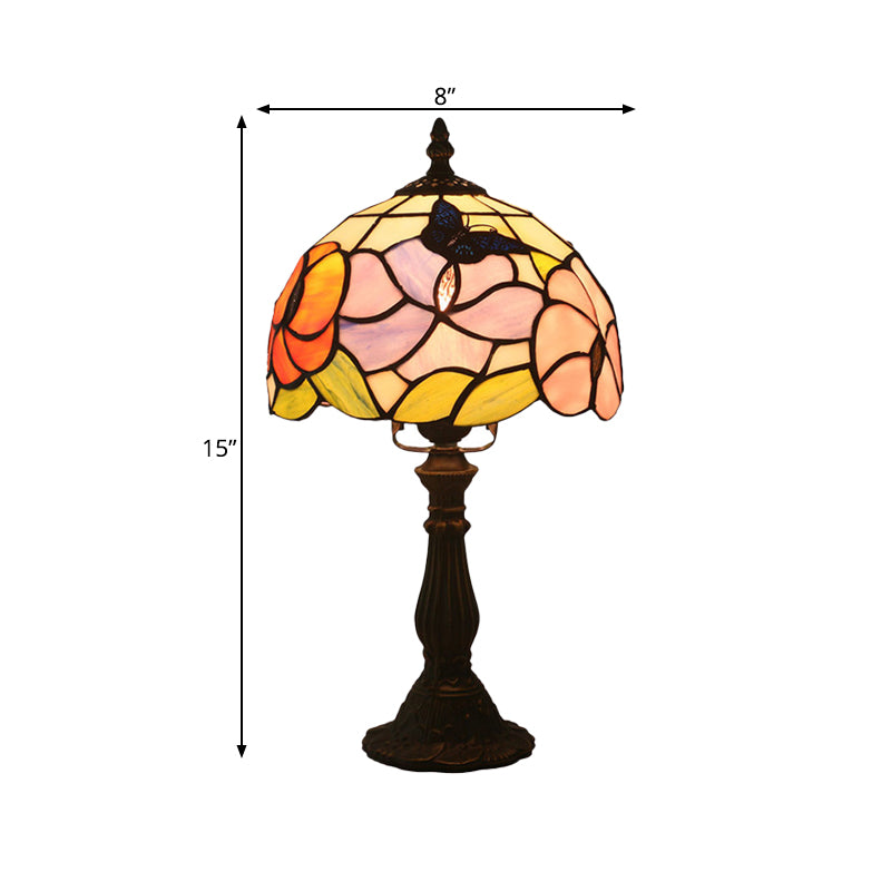 1 Bulb Bedroom Nightstand Light Mediterranean Bronze Petal Patterned Desk Lamp with Domed Hand Cut Glass Shade Clearhalo 'Lamps' 'Table Lamps' Lighting' 889925