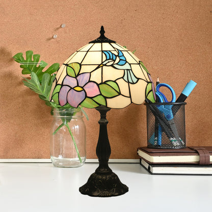 Bird and Flower Desk Light 1-Head Stained Glass Baroque Table Lamp in Bronze with Bowl Shade Bronze Clearhalo 'Lamps' 'Table Lamps' Lighting' 889926