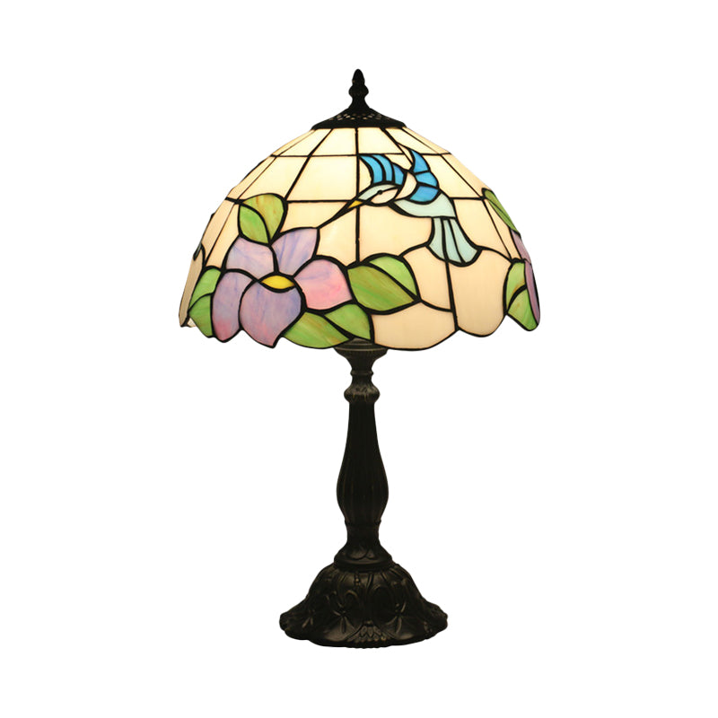 Bird and Flower Desk Light 1-Head Stained Glass Baroque Table Lamp in Bronze with Bowl Shade Clearhalo 'Lamps' 'Table Lamps' Lighting' 889927