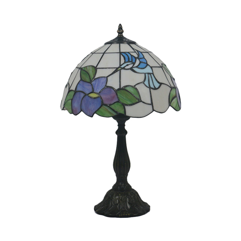 Bird and Flower Desk Light 1-Head Stained Glass Baroque Table Lamp in Bronze with Bowl Shade Clearhalo 'Lamps' 'Table Lamps' Lighting' 889928
