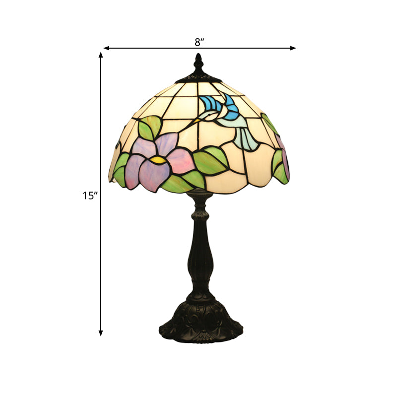 Bird and Flower Desk Light 1-Head Stained Glass Baroque Table Lamp in Bronze with Bowl Shade Clearhalo 'Lamps' 'Table Lamps' Lighting' 889929