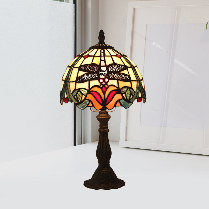 Stained Glass Red/Orange Table Light Dome Shade 1-Light Victorian Dragonfly and Floral Patterned Desk Lamp Orange Clearhalo 'Lamps' 'Table Lamps' Lighting' 889930