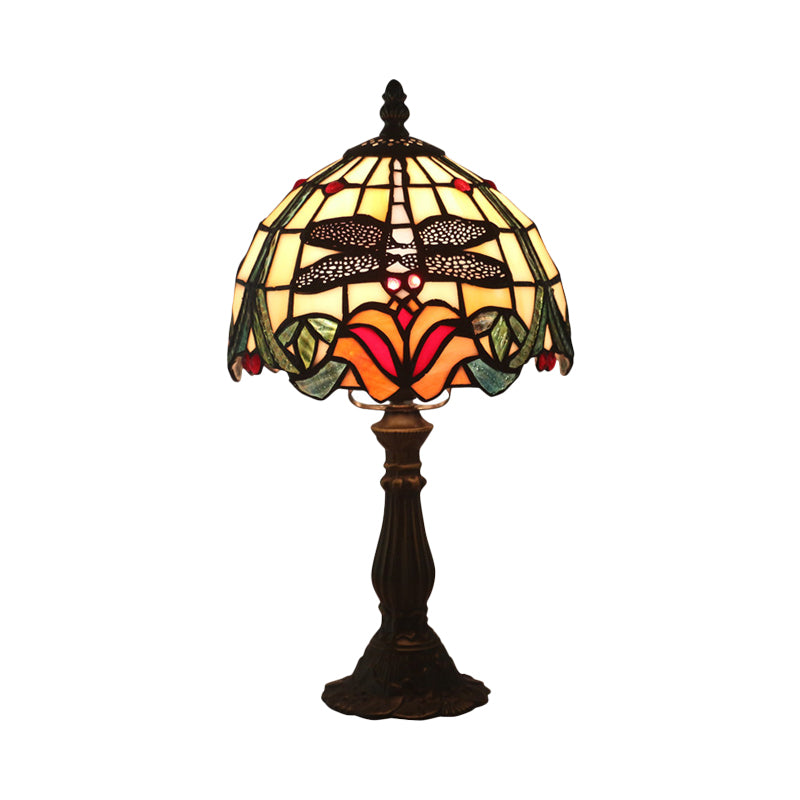 Stained Glass Red/Orange Table Light Dome Shade 1-Light Victorian Dragonfly and Floral Patterned Desk Lamp Clearhalo 'Lamps' 'Table Lamps' Lighting' 889931