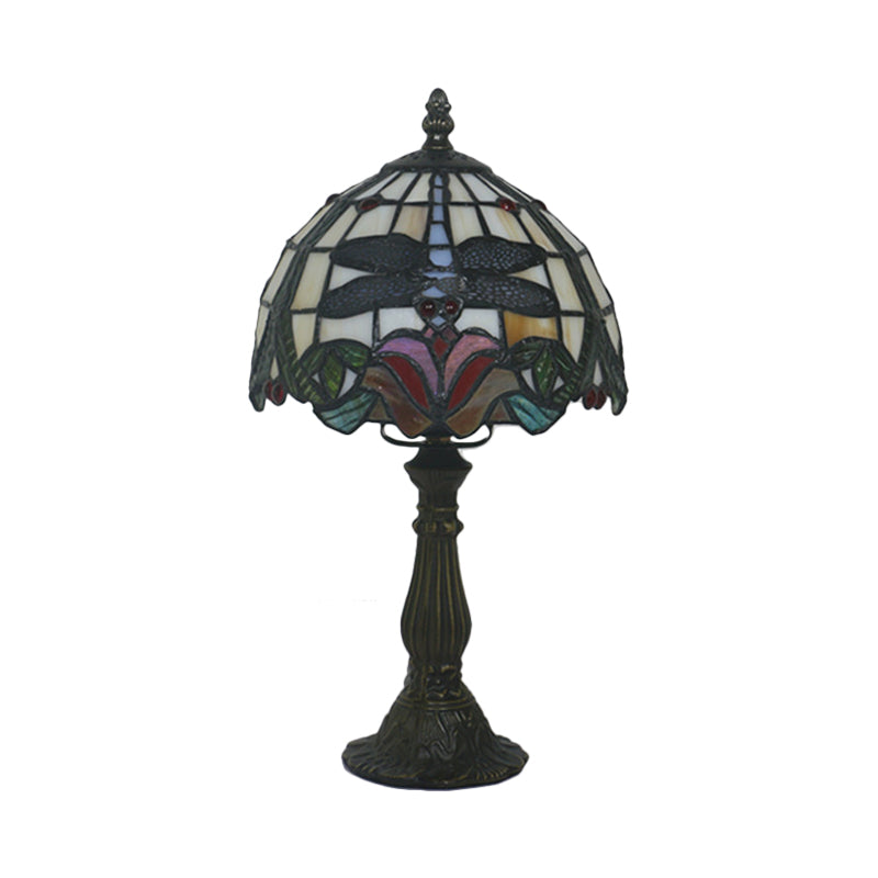Stained Glass Red/Orange Table Light Dome Shade 1-Light Victorian Dragonfly and Floral Patterned Desk Lamp Clearhalo 'Lamps' 'Table Lamps' Lighting' 889932
