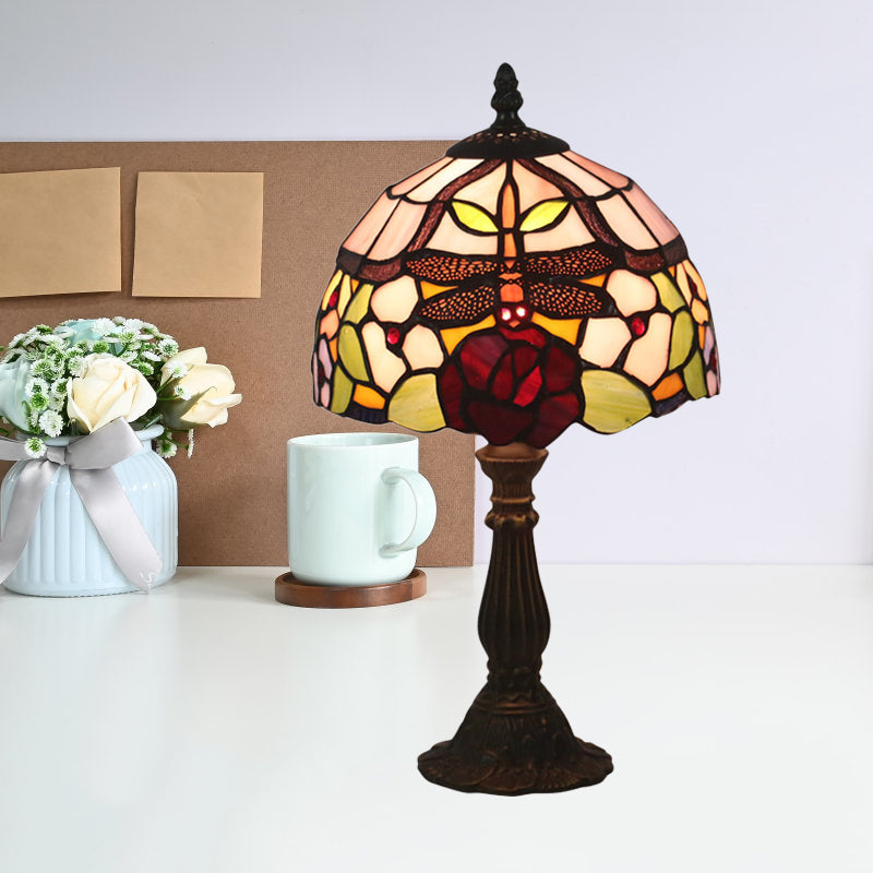 Stained Glass Red/Orange Table Light Dome Shade 1-Light Victorian Dragonfly and Floral Patterned Desk Lamp Red Clearhalo 'Lamps' 'Table Lamps' Lighting' 889934