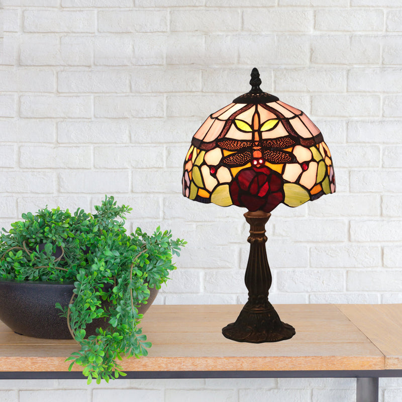 Stained Glass Red/Orange Table Light Dome Shade 1-Light Victorian Dragonfly and Floral Patterned Desk Lamp Clearhalo 'Lamps' 'Table Lamps' Lighting' 889935