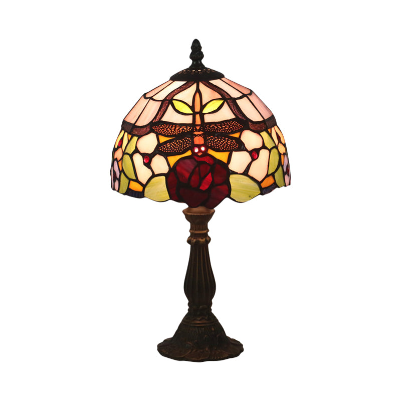Stained Glass Red/Orange Table Light Dome Shade 1-Light Victorian Dragonfly and Floral Patterned Desk Lamp Clearhalo 'Lamps' 'Table Lamps' Lighting' 889936