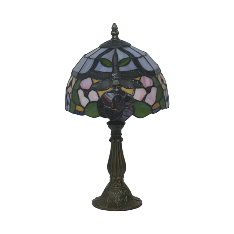 Stained Glass Red/Orange Table Light Dome Shade 1-Light Victorian Dragonfly and Floral Patterned Desk Lamp Clearhalo 'Lamps' 'Table Lamps' Lighting' 889937