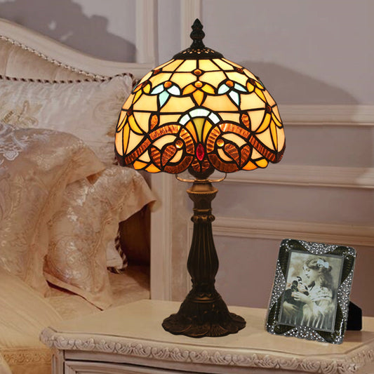 1 Bulb Table Lighting Tiffany Bowl Shaped Stained Art Glass Night Lamp in Yellow/Blue with Baluster Yellow Clearhalo 'Lamps' 'Table Lamps' Lighting' 889938