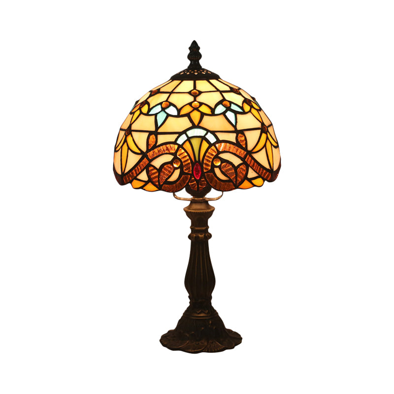 1 Bulb Table Lighting Tiffany Bowl Shaped Stained Art Glass Night Lamp in Yellow/Blue with Baluster Clearhalo 'Lamps' 'Table Lamps' Lighting' 889939