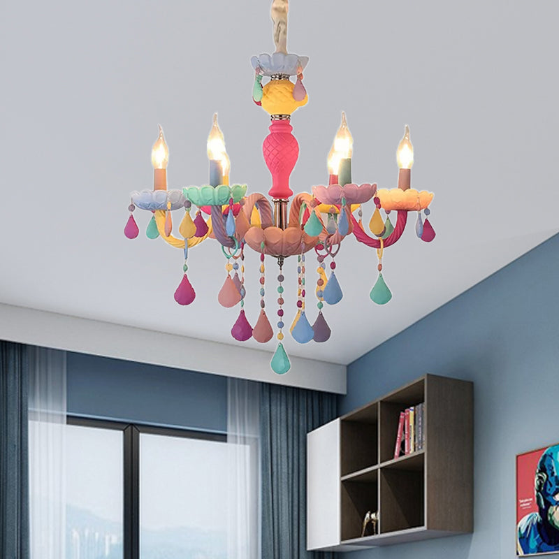 Kids Candle Chandelier with Crystal Decoration Multi-Color Hanging Light for Kindergarten 6 Pink-Yellow-Green-Grey-Blue-Purple Clearhalo 'Ceiling Lights' 'Chandeliers' 'Close To Ceiling Lights' 'Glass shade' 'Glass' 'Island Lights' Lighting' 88994