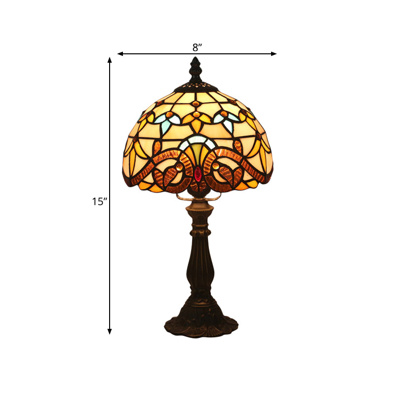 1 Bulb Table Lighting Tiffany Bowl Shaped Stained Art Glass Night Lamp in Yellow/Blue with Baluster Clearhalo 'Lamps' 'Table Lamps' Lighting' 889941