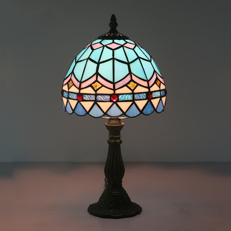 1 Bulb Table Lighting Tiffany Bowl Shaped Stained Art Glass Night Lamp in Yellow/Blue with Baluster Blue Clearhalo 'Lamps' 'Table Lamps' Lighting' 889942