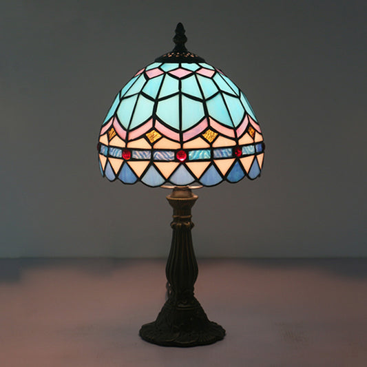 1 Bulb Table Lighting Tiffany Bowl Shaped Stained Art Glass Night Lamp in Yellow/Blue with Baluster Blue Clearhalo 'Lamps' 'Table Lamps' Lighting' 889942