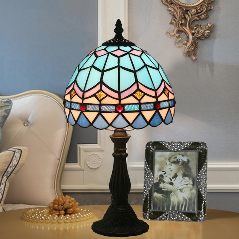1 Bulb Table Lighting Tiffany Bowl Shaped Stained Art Glass Night Lamp in Yellow/Blue with Baluster Clearhalo 'Lamps' 'Table Lamps' Lighting' 889943