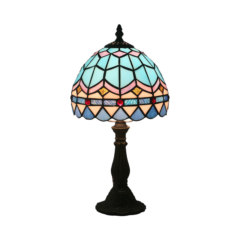 1 Bulb Table Lighting Tiffany Bowl Shaped Stained Art Glass Night Lamp in Yellow/Blue with Baluster Clearhalo 'Lamps' 'Table Lamps' Lighting' 889944