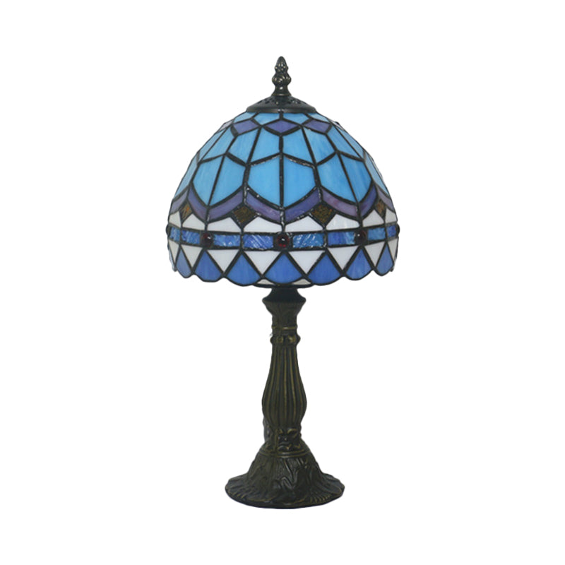 1 Bulb Table Lighting Tiffany Bowl Shaped Stained Art Glass Night Lamp in Yellow/Blue with Baluster Clearhalo 'Lamps' 'Table Lamps' Lighting' 889945