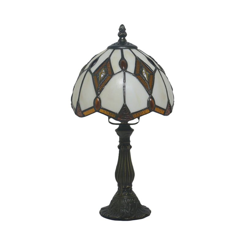 Bronze Domed Desk Lamp Mediterranean 1 Light Beige Glass Rhombus Patterned Night Light Clearhalo 'Lamps' 'Table Lamps' Lighting' 889948