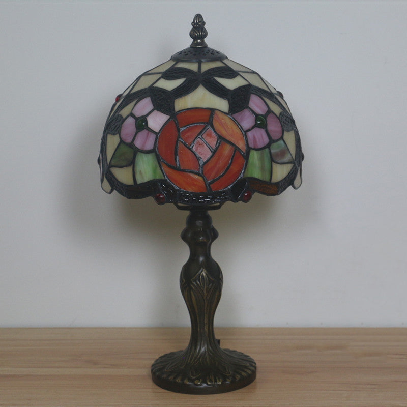 Victorian Rose Patterned Desk Lighting 1 Head Cut Glass Nightstand Lamp in Bronze with Dome Shade Bronze Clearhalo 'Lamps' 'Table Lamps' Lighting' 889950