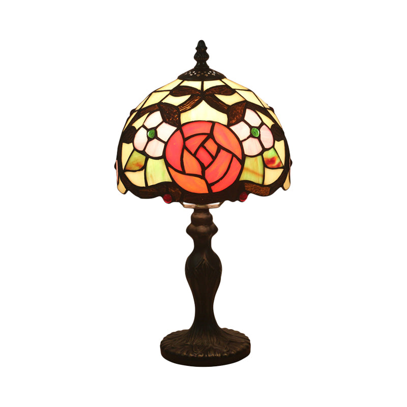 Victorian Rose Patterned Desk Lighting 1 Head Cut Glass Nightstand Lamp in Bronze with Dome Shade Clearhalo 'Lamps' 'Table Lamps' Lighting' 889952