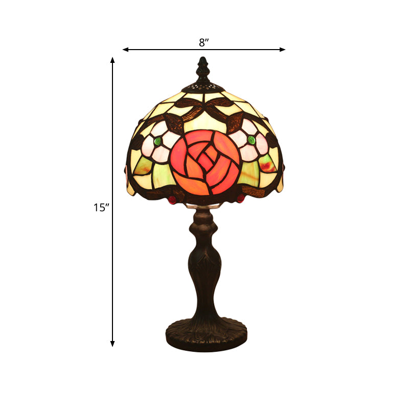 Victorian Rose Patterned Desk Lighting 1 Head Cut Glass Nightstand Lamp in Bronze with Dome Shade Clearhalo 'Lamps' 'Table Lamps' Lighting' 889953
